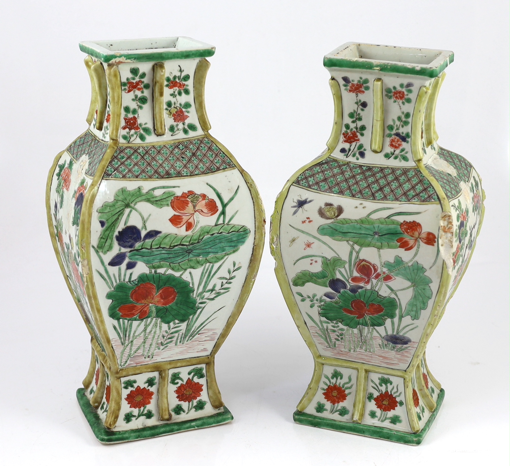 A pair of Chinese famille verte vases, fanghu, Kangxi period, losses and restorations